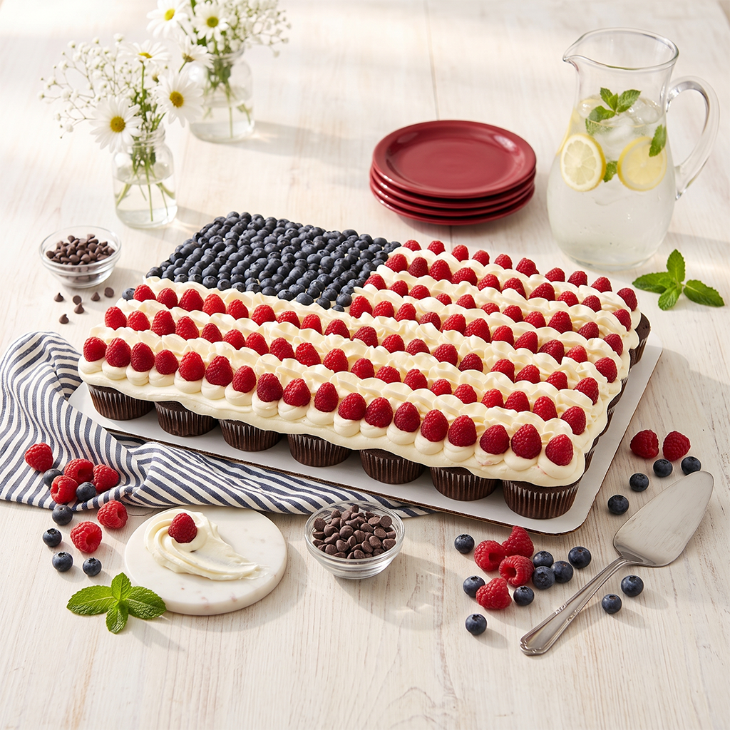 American Flag Kosher Cupcake Cake, pull-apart cupcake arrangement in red, white and blue
