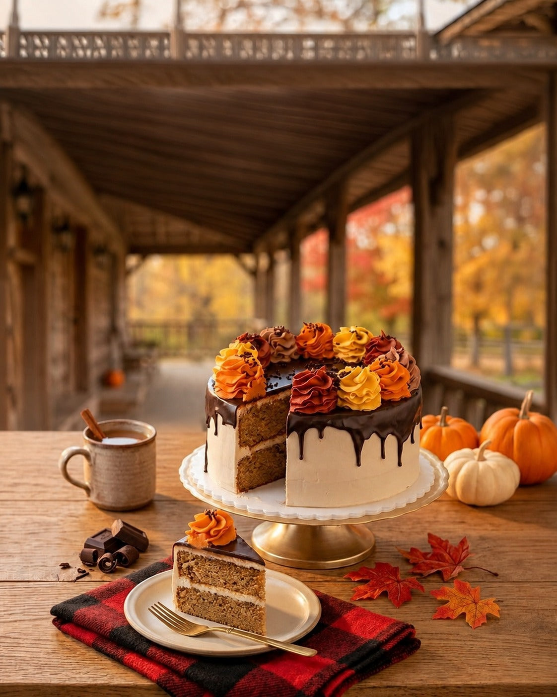 Autumn drip cake with orange, gold and red buttercream rosettes and a plated slice, on a rustic table on a log cabin porch | Iris Lee Kosher Bakery