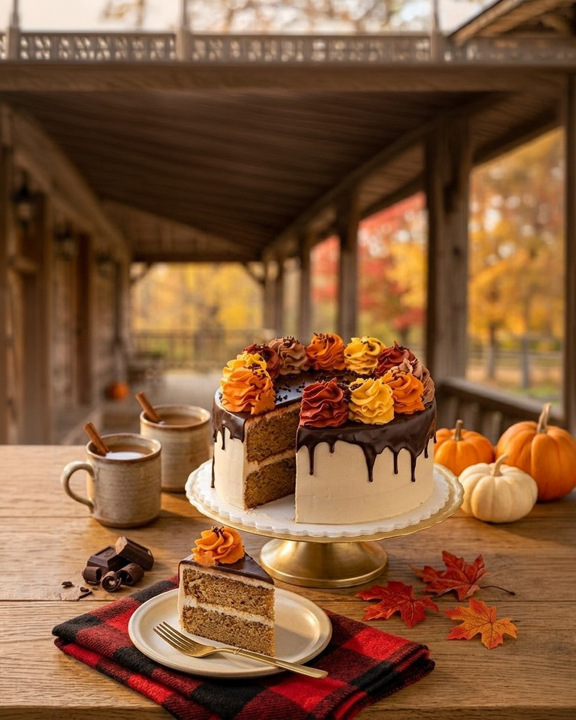 Autumn drip cake with orange, red and gold rosettes and chocolate drip on a gold stand, with a plated slice, cocoa mugs and pumpkins on a fall porch