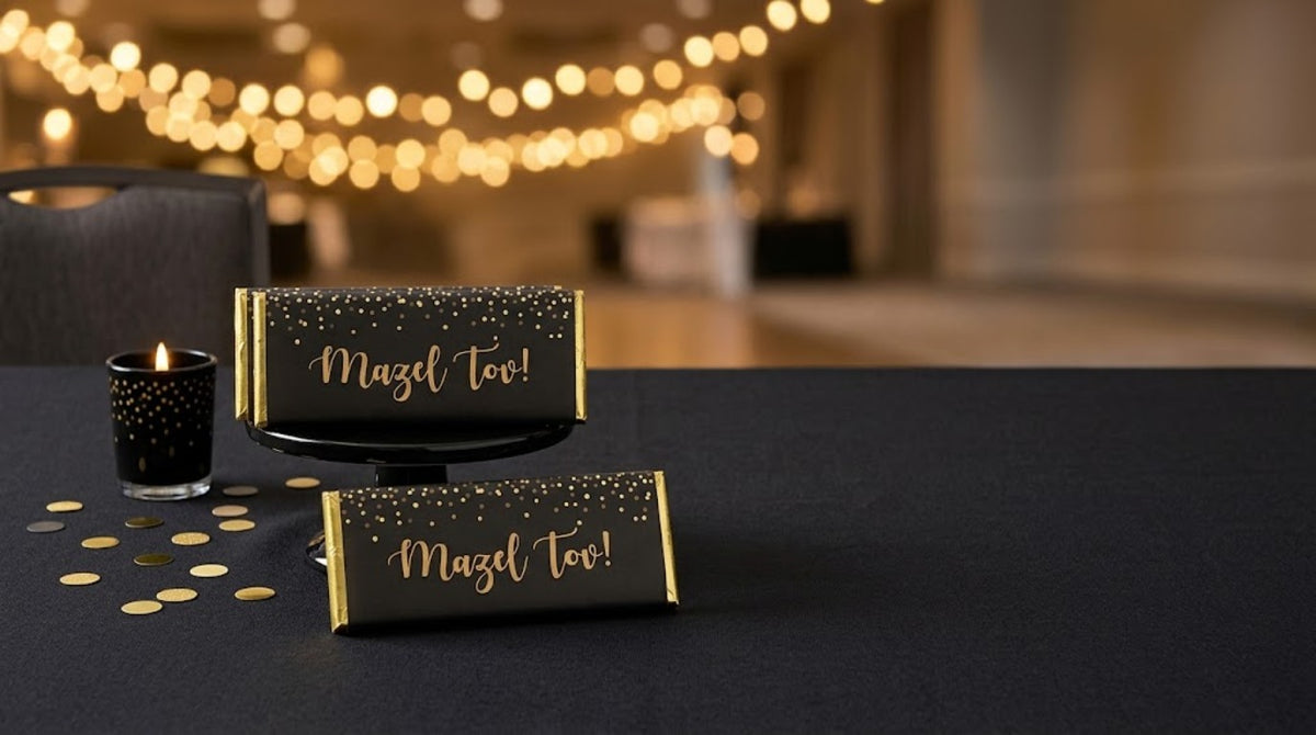 Black and gold Mazel Tov wrapped chocolate bar favors styled as a Bar and Bat Mitzvah reception place setting with gold confetti on a black linen table