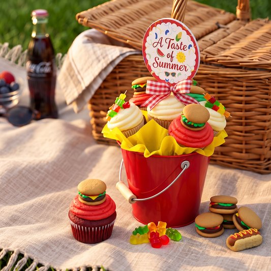 BBQ kosher cupcake bouquet on a summer picnic blanket | Iris Lee