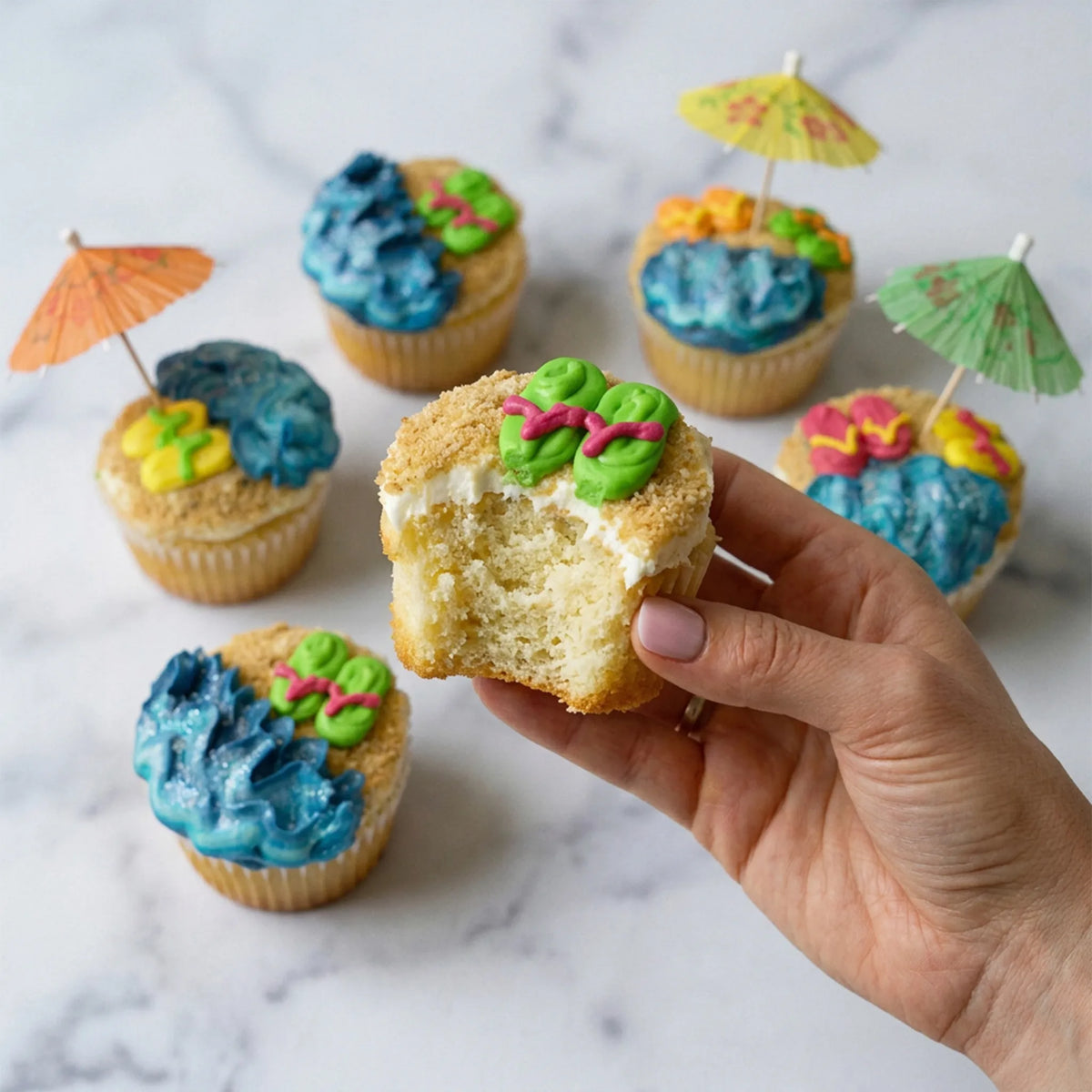 Beach cupcakes with buttercream waves and flip flops, one held with a bite showing the vanilla crumb, kosher, made in Chestnut Hill MA