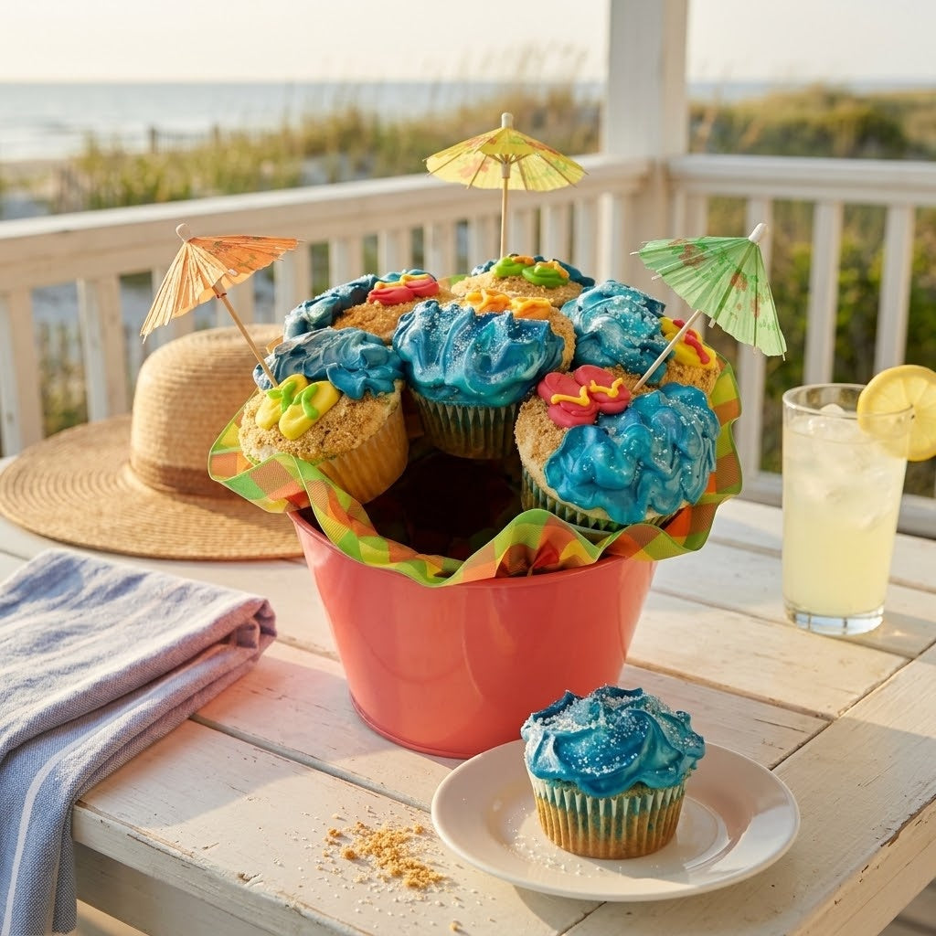 Beach Cupcake Bouquet of seven cupcakes with blue buttercream waves, graham cracker sand and paper umbrellas in a coral pail on a seaside porch, kosher, made in Chestnut Hill MA