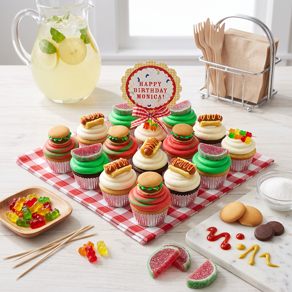 Birthday BBQ kosher cupcake gift set with barbecue themed decoration