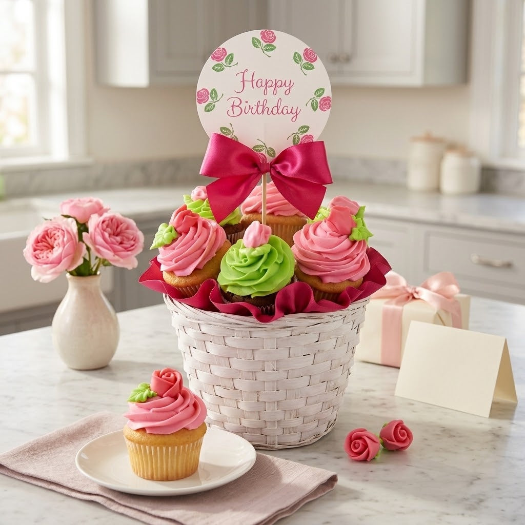 Birthday Cupcake Bouquet of pink and green buttercream cupcakes with fondant rosebuds and a Happy Birthday topper in a white woven basket on a kitchen counter, kosher, made in Chestnut Hill MA