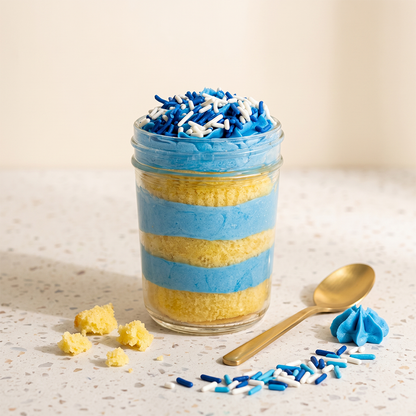 Blue bliss kosher cupcake jar with vanilla cake, blue vanilla frosting, and blue and white sprinkles.