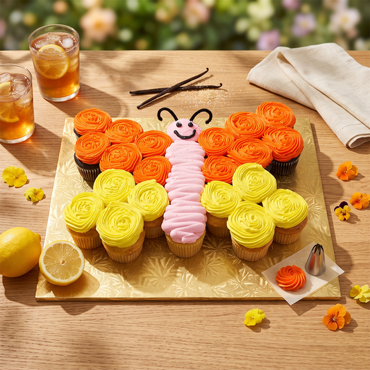 Butterfly Kosher Cupcake Cake, pull-apart cupcake arrangement with orange and yellow wings and a pink body