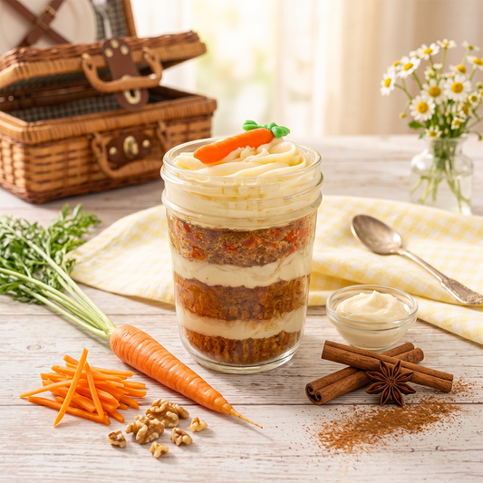 Carrot cake kosher cupcake jar with vanilla buttercream and an icing carrot topper.