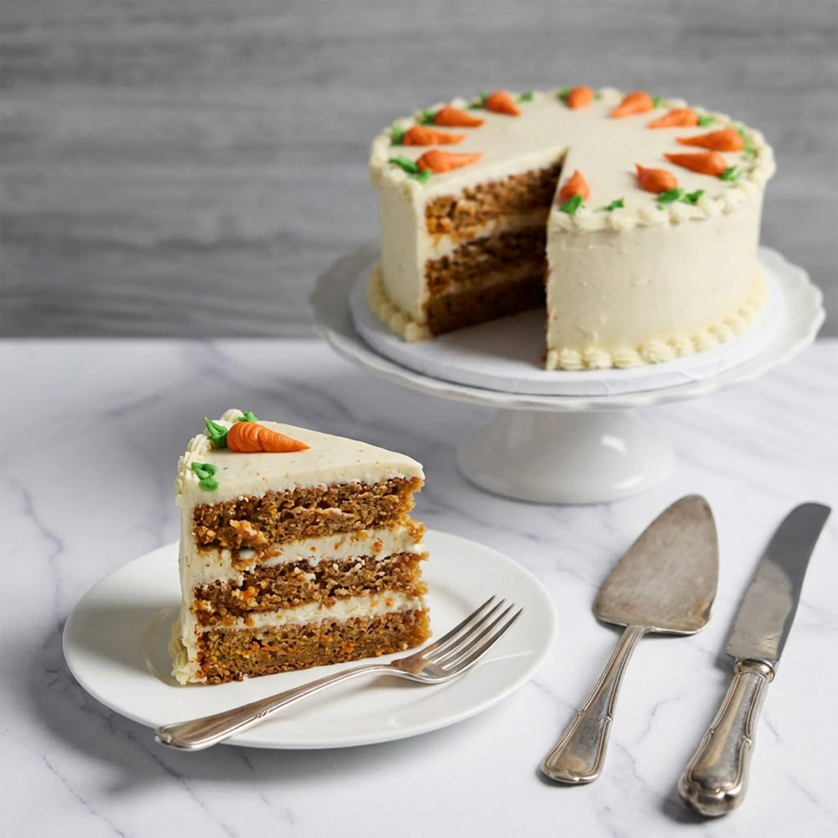Slice of carrot patch cake showing carrot cake layers with cream cheese icing, with the cut cake on a stand behind it, kosher, made in Chestnut Hill MA