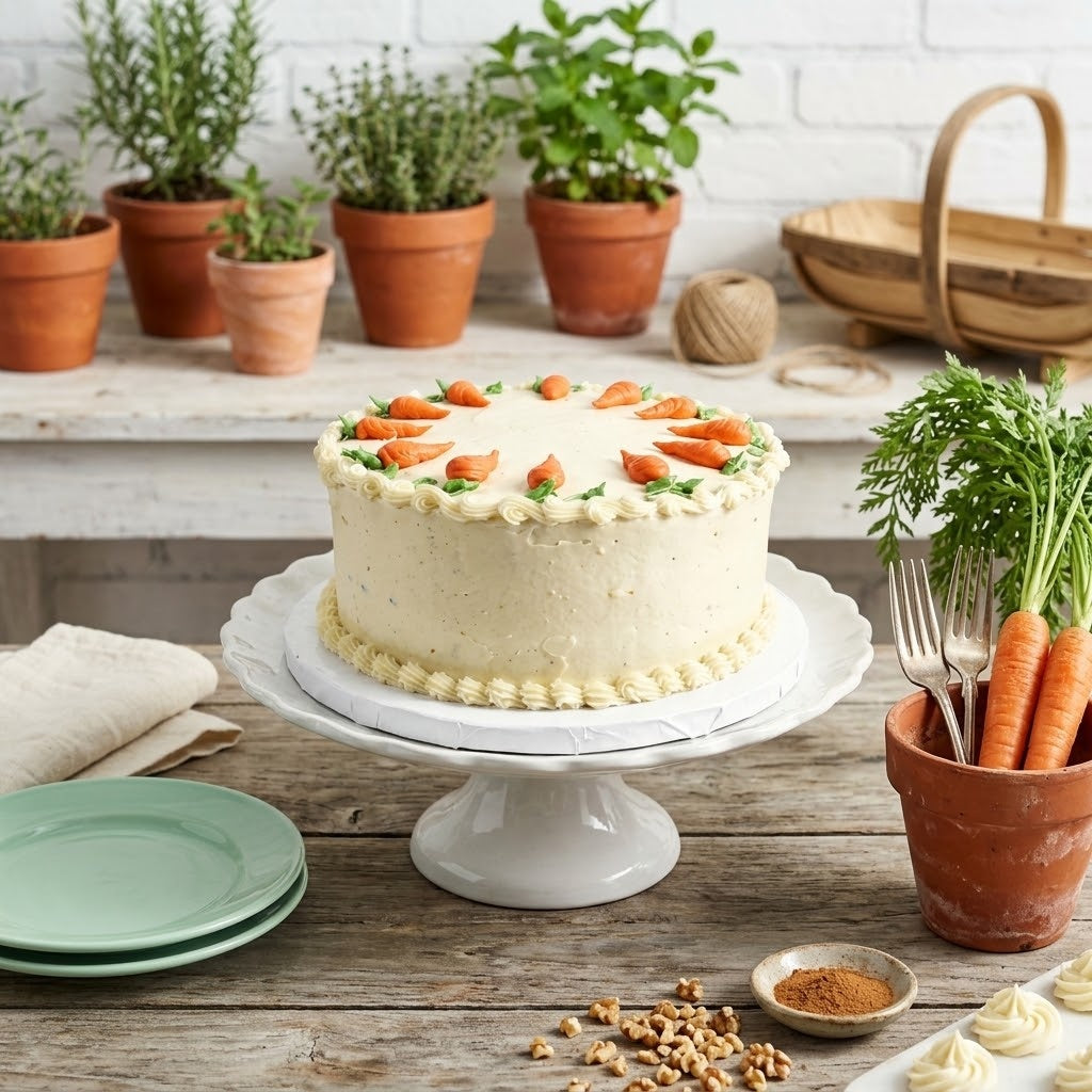 Carrot patch cake with cream cheese icing and a ring of piped carrots on a white cake stand beside potted herbs and fresh carrots, kosher, made in Chestnut Hill MA