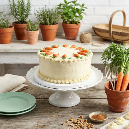Carrot patch cake with cream cheese icing and a ring of piped carrots on a white cake stand beside potted herbs and fresh carrots, kosher, made in Chestnut Hill MA