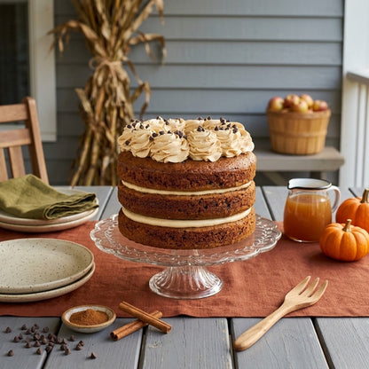 Three layer chocolate chip pumpkin cake with cinnamon buttercream rosettes and mini chocolate chips on a glass cake stand, set on an autumn porch table with mini pumpkins and cinnamon sticks, kosher, made in Chestnut Hill MA
