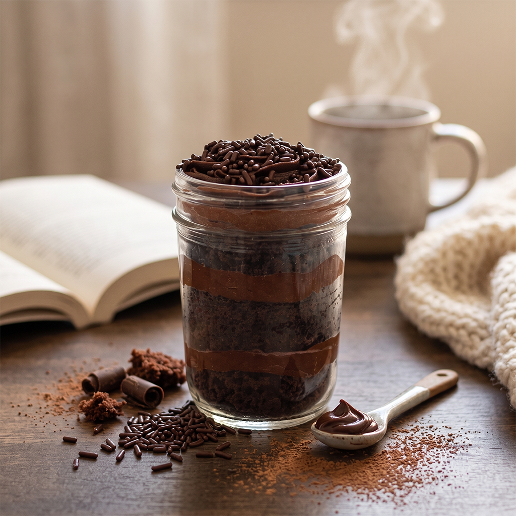 Chocolate chocolate kosher cupcake jar with chocolate cake, chocolate buttercream, and chocolate sprinkles.