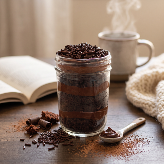 Chocolate chocolate kosher cupcake jar with chocolate cake, chocolate buttercream, and chocolate sprinkles.