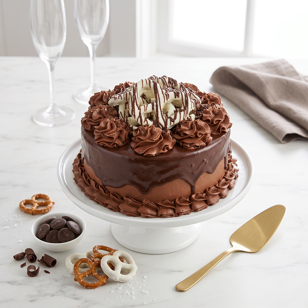 Chocolate Ganache Pretzel Cake