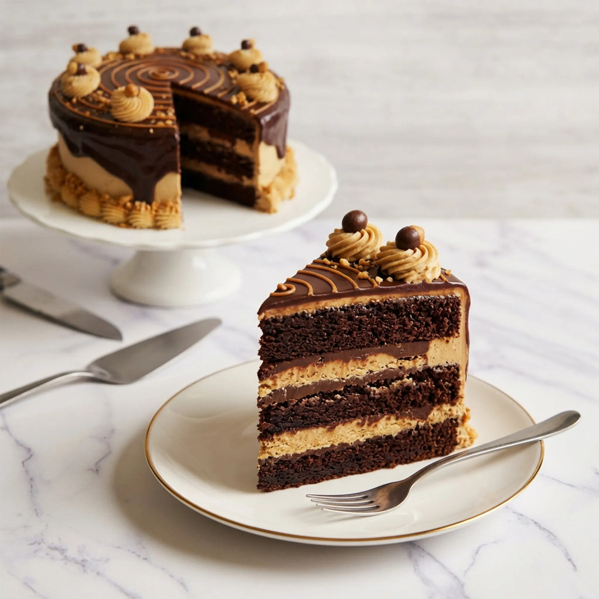Slice of Chocolate Peanut Butter Cake showing chocolate layers with peanut butter buttercream and ganache filling, kosher, made in Chestnut Hill MA