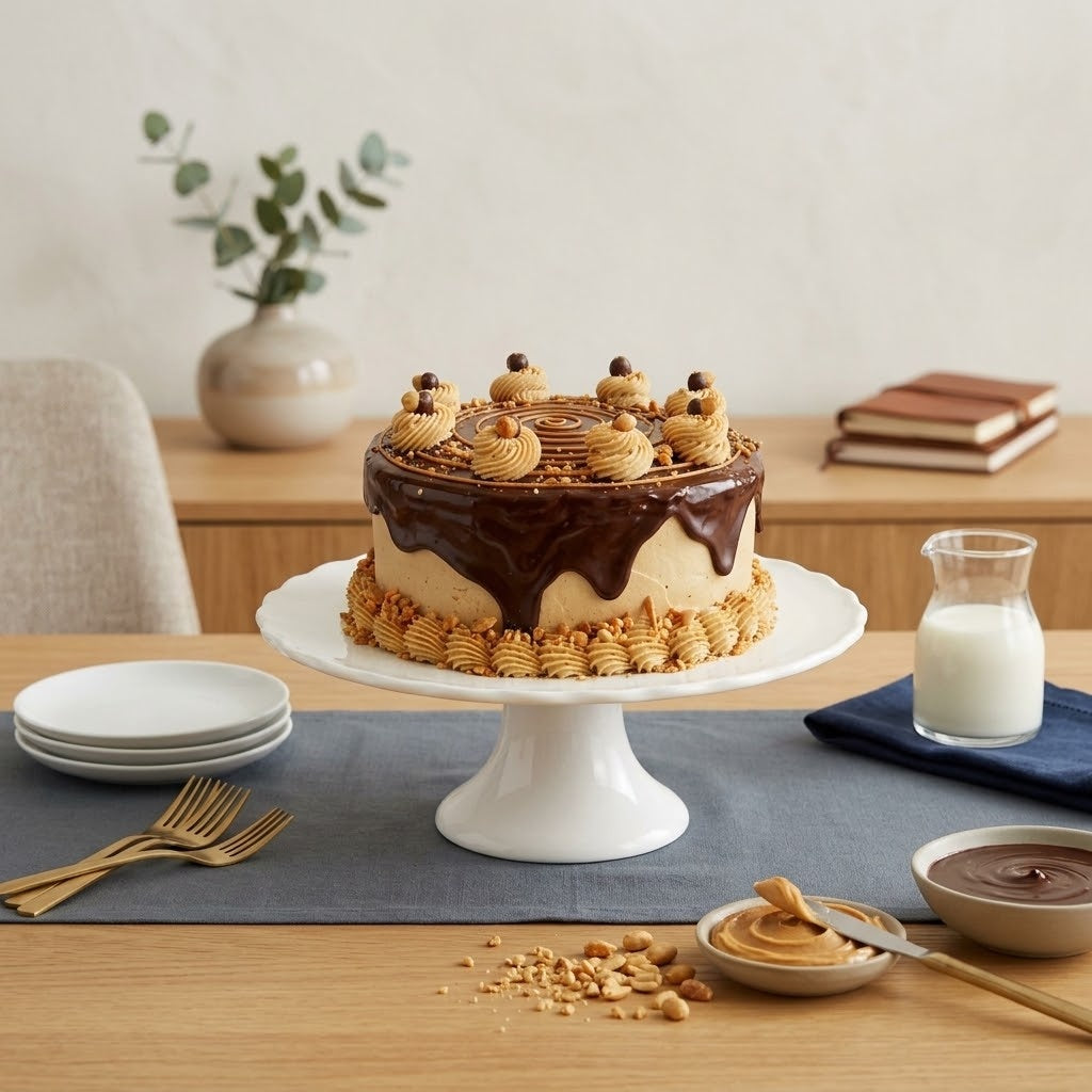 Chocolate Peanut Butter Cake with chocolate ganache drip, peanut butter buttercream rosettes and crushed peanuts on a white cake stand on a dining table, kosher, made in Chestnut Hill MA
