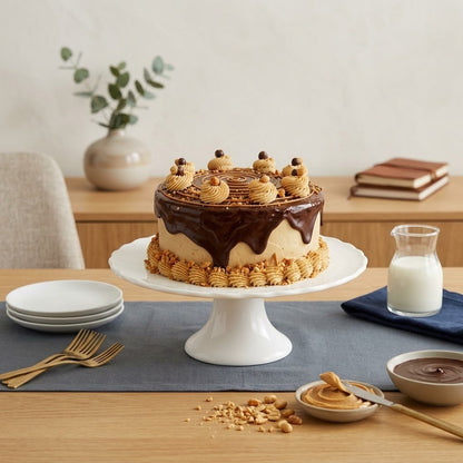 Chocolate Peanut Butter Cake with chocolate ganache drip, peanut butter buttercream rosettes and crushed peanuts on a white cake stand on a dining table, kosher, made in Chestnut Hill MA