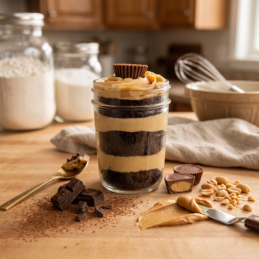 Chocolate peanut butter kosher cupcake jar with chocolate cake, peanut butter buttercream, and a peanut butter cup.