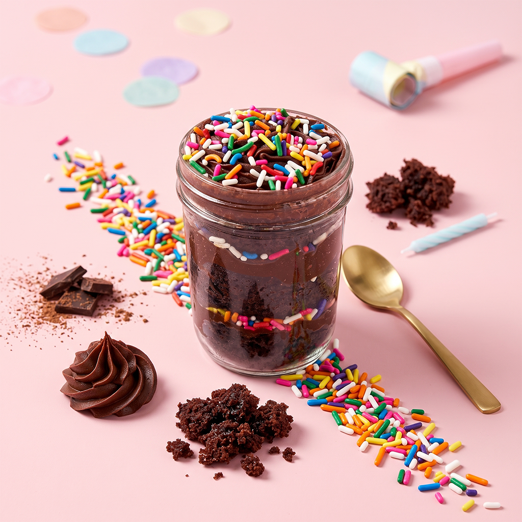 Chocolate sprinkles kosher cupcake jar with layered chocolate cake, chocolate buttercream, and rainbow sprinkles.
