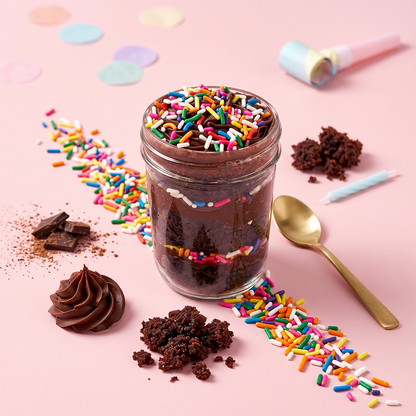 Chocolate sprinkles kosher cupcake jar with layered chocolate cake, chocolate buttercream, and rainbow sprinkles.
