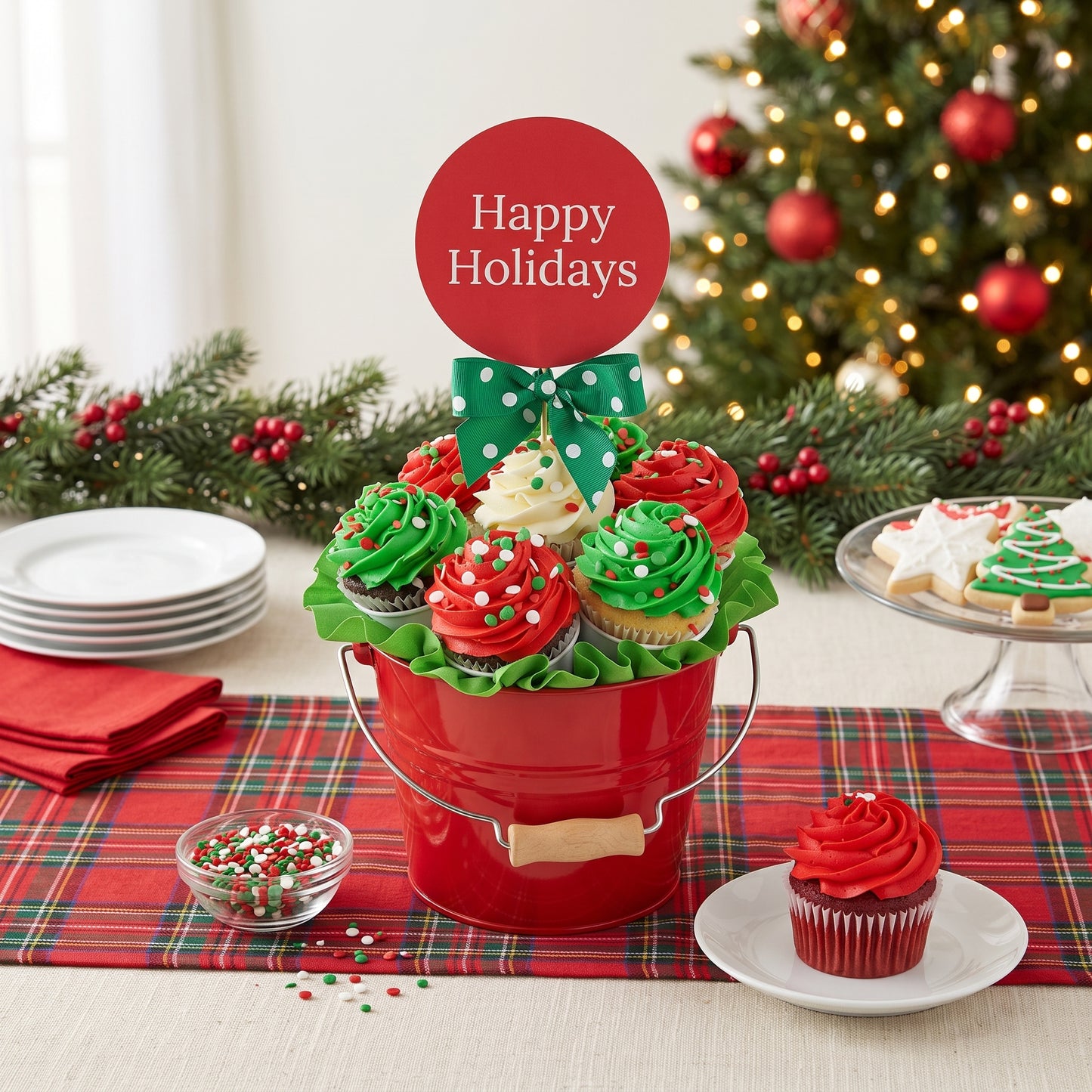 Christmas kosher cupcake bouquet in a red pail with red and green buttercream swirls and a Happy Holidays topper on a holiday party dessert table