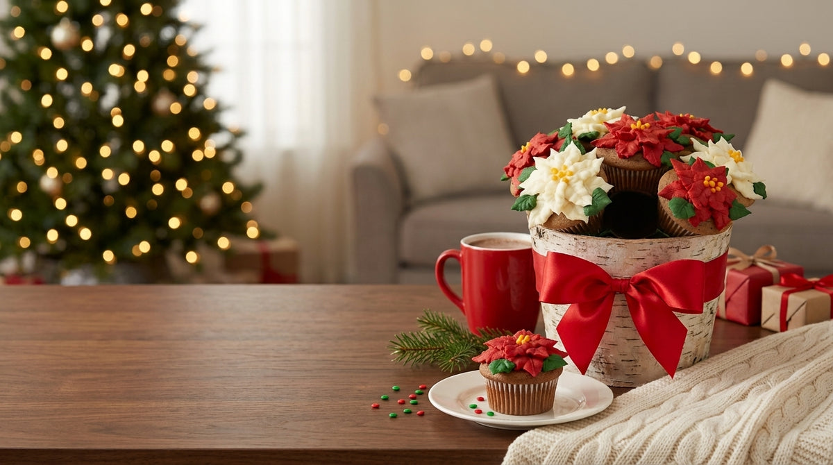 Christmas poinsettia cupcake bouquet in a birch pot with a red bow, one cupcake plated beside it, lit tree and gifts behind