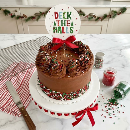Chocolate buttercream layer cake with piped rosettes, red, green and white holiday sprinkles and a Deck the Halls topper on a white cake stand, kosher, made in Chestnut Hill MA