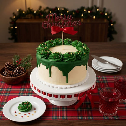 Christmas Wreath Cake in ivory buttercream with a green drip, piped green rosettes and a red Merry Christmas topper on a cake stand at a holiday table, kosher, made in Chestnut Hill MA
