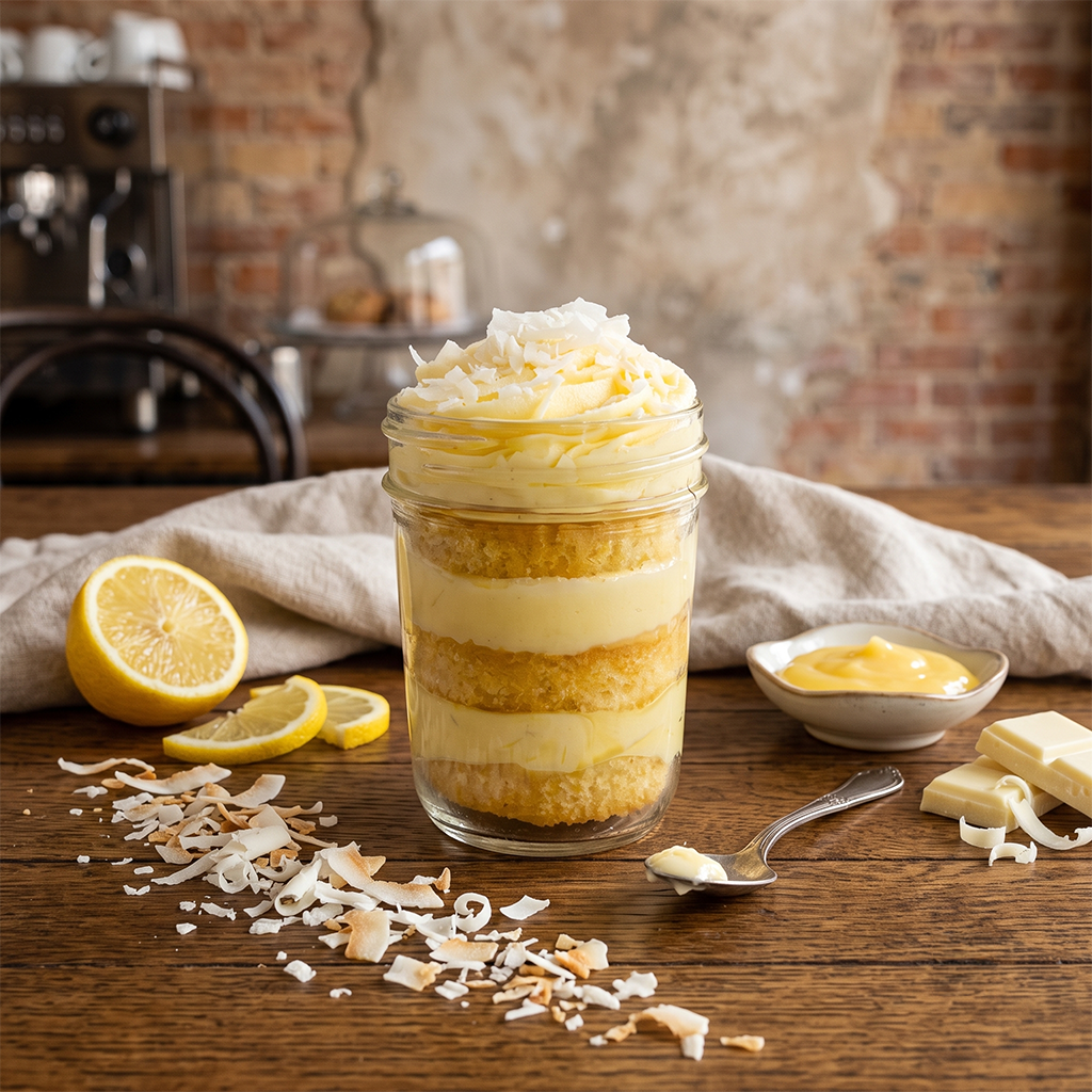 Coconut kosher cupcake jar with coconut cake, coconut buttercream, and shredded coconut.