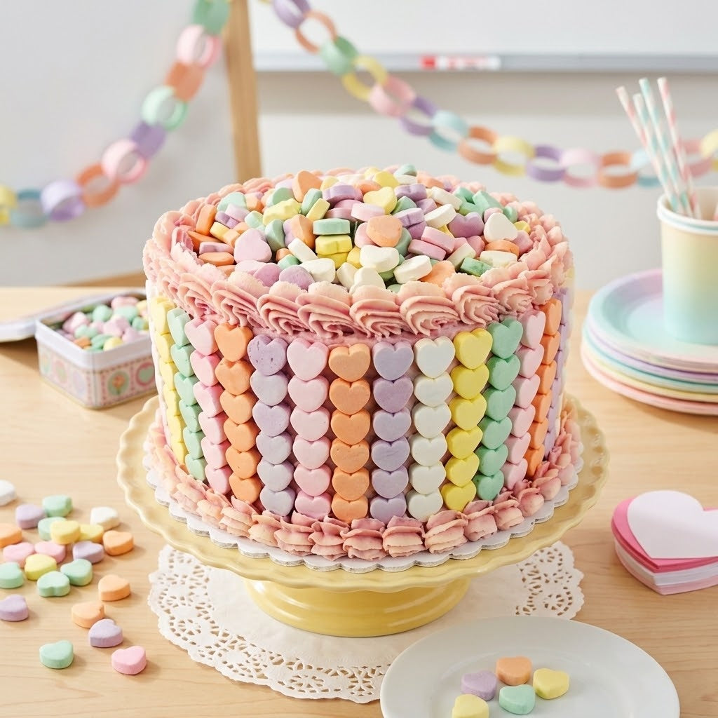 Conversation heart cake covered in rows of pastel candy hearts with pink ruffled buttercream borders on a yellow cake stand with a paper chain garland, kosher, made in Chestnut Hill MA
