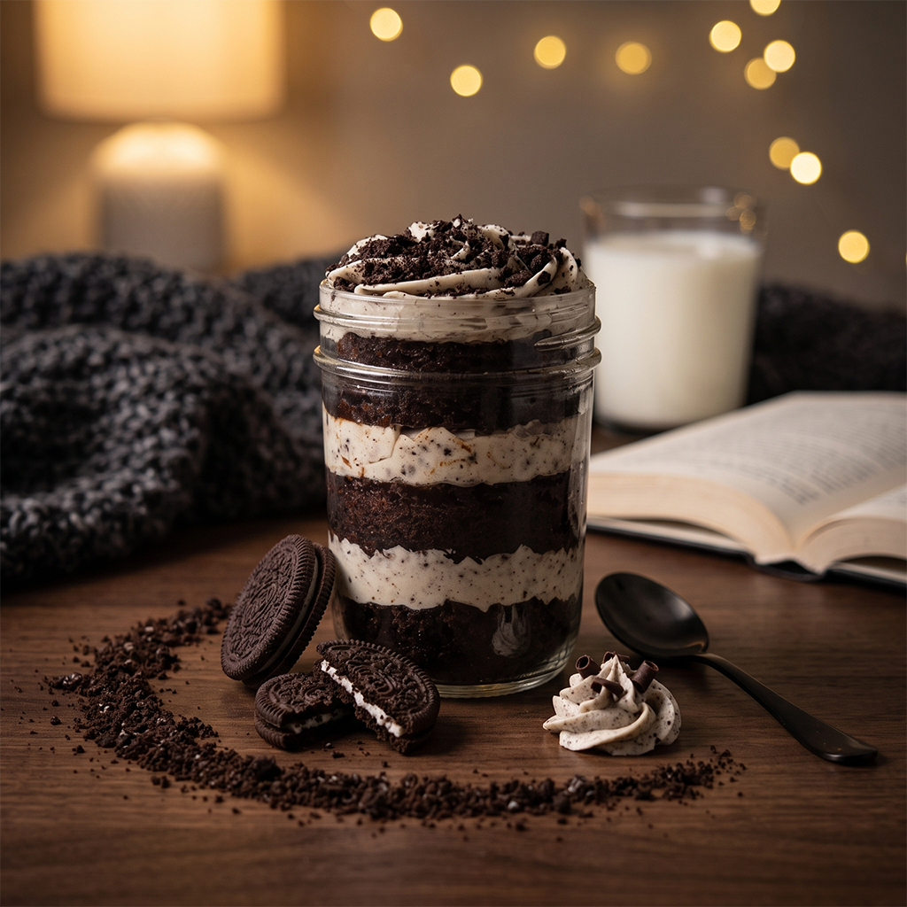 Cookies 'n cream kosher cupcake jar with vanilla cake, cookies and cream frosting, and crushed cookies.