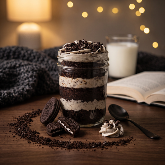 Cookies 'n cream kosher cupcake jar with vanilla cake, cookies and cream frosting, and crushed cookies.