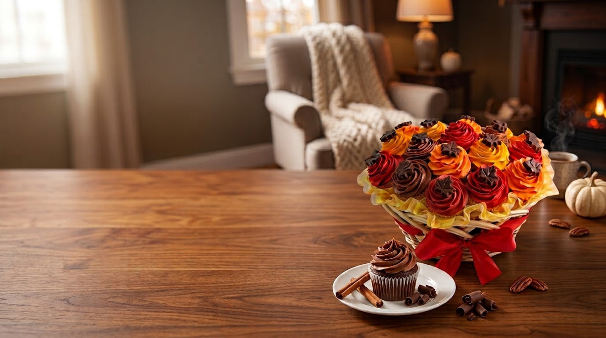 Autumn cupcake bouquet of frosting roses in red, orange and yellow with chocolate leaf accents, tightly packed in a fall basket with red ribbon, styled on a wood table with a plated cupcake, pecans, chocolate curls and a fireplace in the background