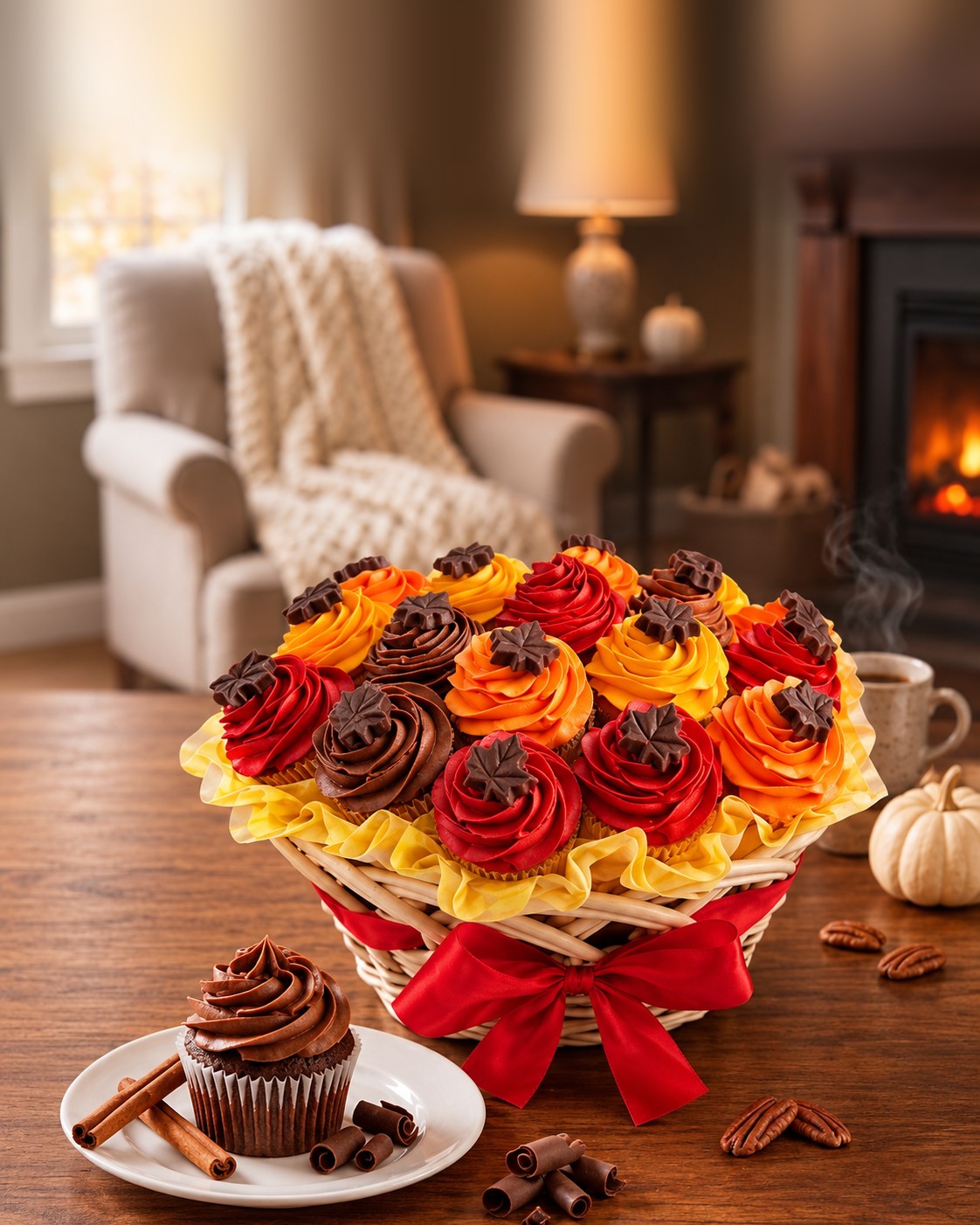 Fall cupcake bouquet with red, orange, yellow and chocolate frosting swirls in a ribboned basket, with a plated chocolate cupcake by a cozy fireplace