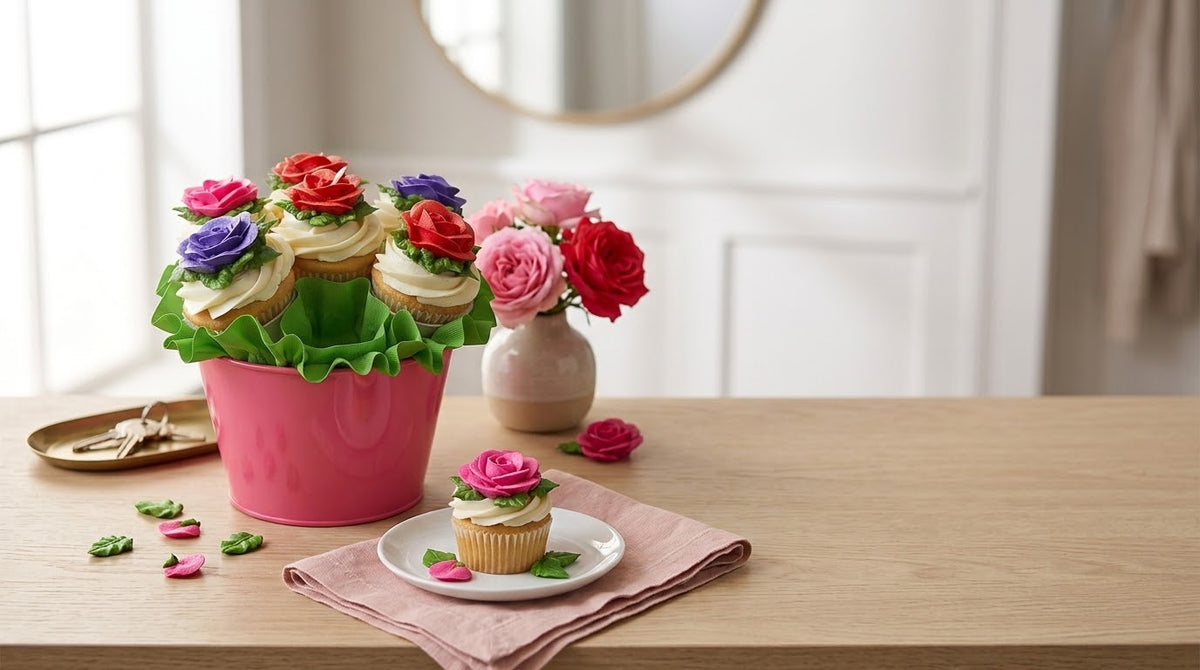 Rose cupcake bouquet in a pink pot with a green ruffled collar on a light wood table, one rose cupcake plated in the foreground