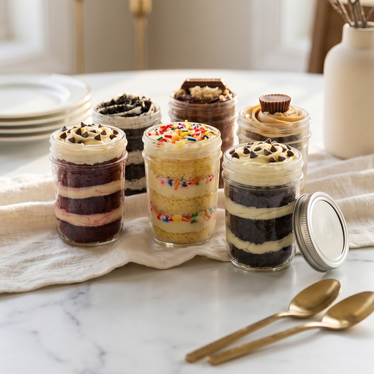 Six-pack of kosher cupcake jars with layered cake, frosting, and a customizable lid label, on a marble surface.