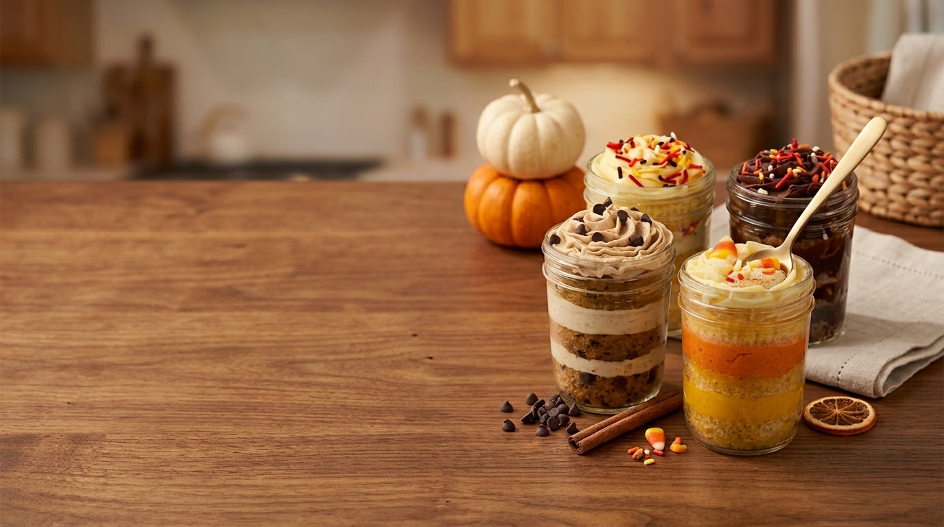 Four fall cupcake jars with vanilla, chocolate, cinnamon buttercream and candy corn frosting flavors, styled on a wood table with a plated cupcake and pumpkin spice props