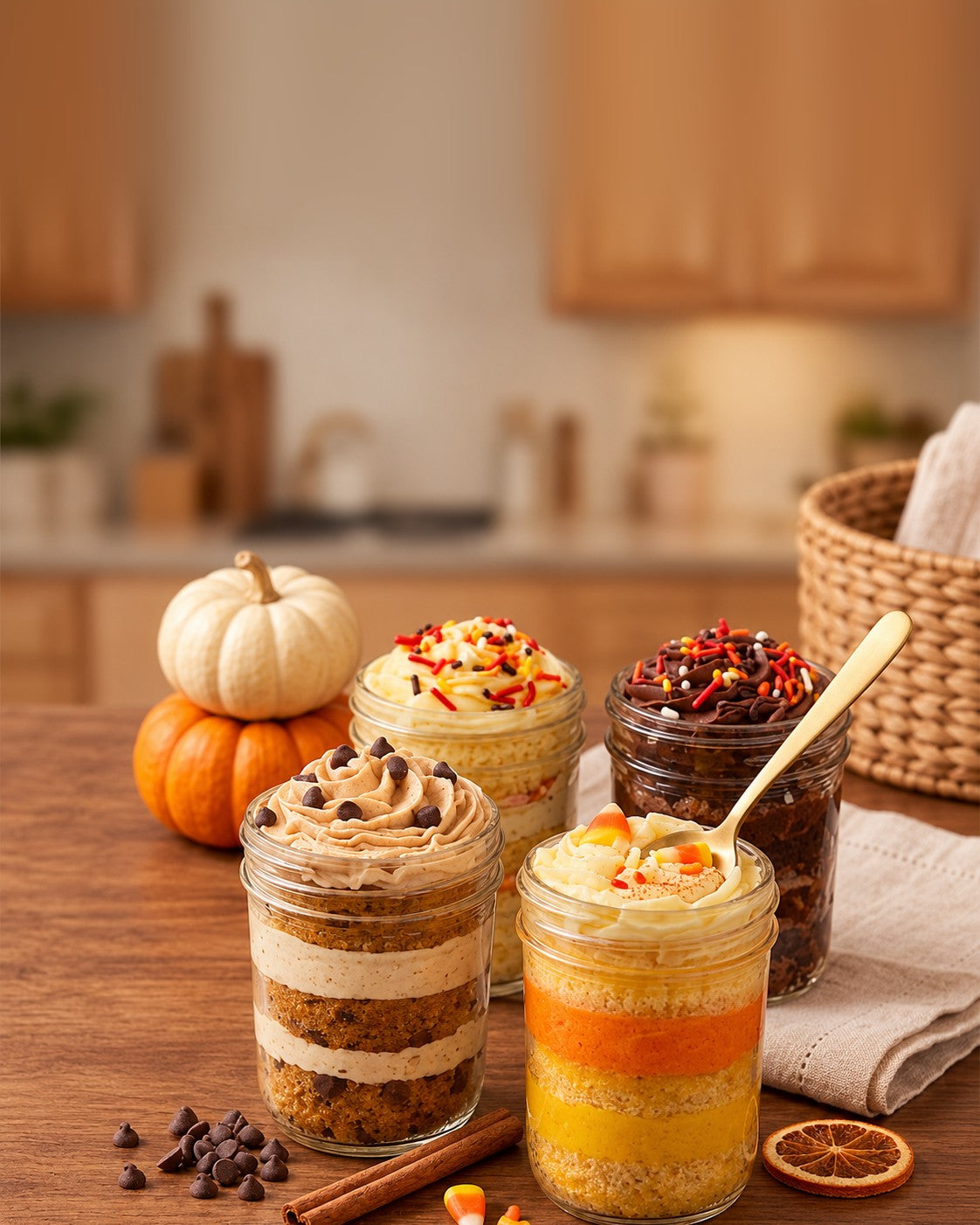 Four fall cupcake jars with layered cake and frosting, pumpkins and a gold spoon on a warm kitchen table