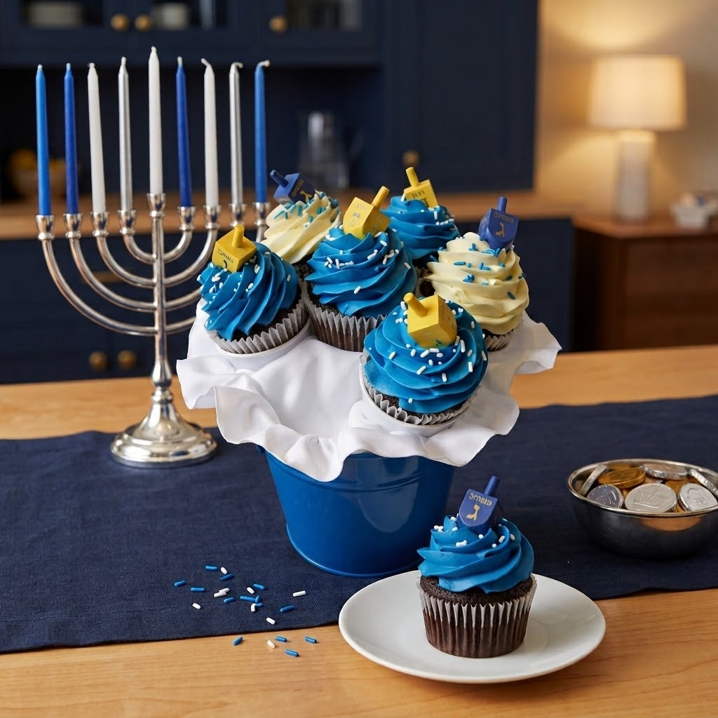 Dreidel Cupcake Bouquet of blue and ivory frosted cupcakes with wooden dreidels in a blue pail beside a menorah, kosher, made in Chestnut Hill MA