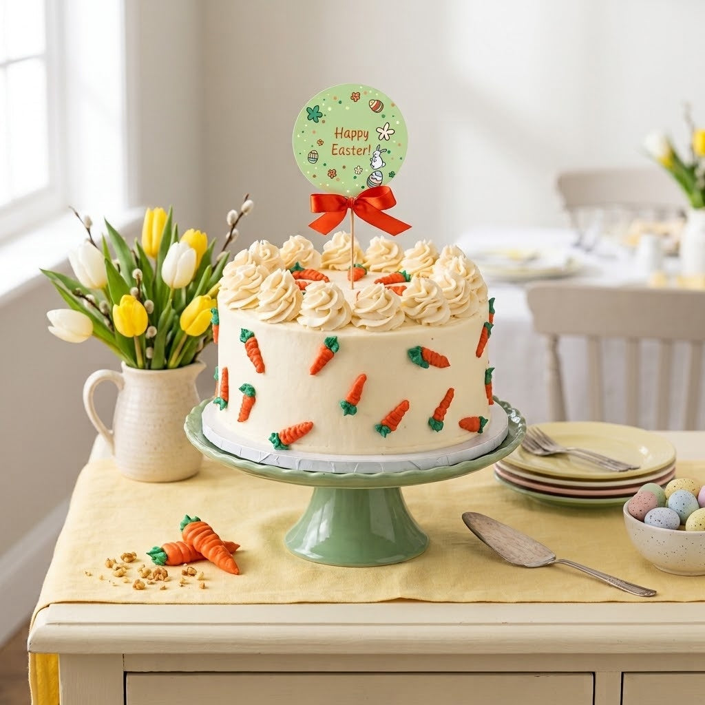 Easter carrot cake with ivory frosting, piped rosettes, orange icing carrots and a Happy Easter topper with a red bow on a green cake stand beside yellow tulips, kosher, made in Chestnut Hill MA