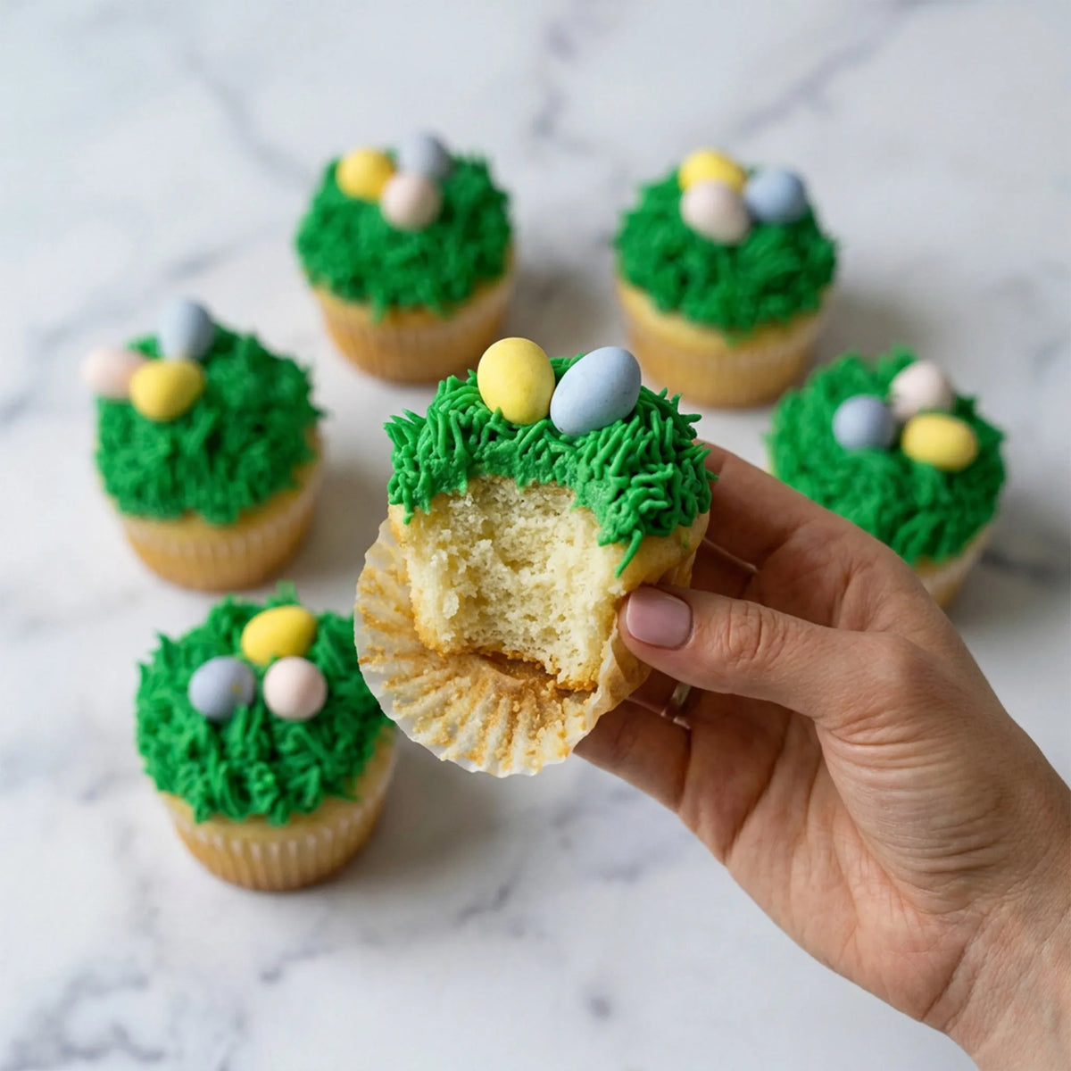 Hand holding a bitten vanilla Easter cupcake with buttercream grass and pastel candy eggs, kosher, made in Chestnut Hill MA