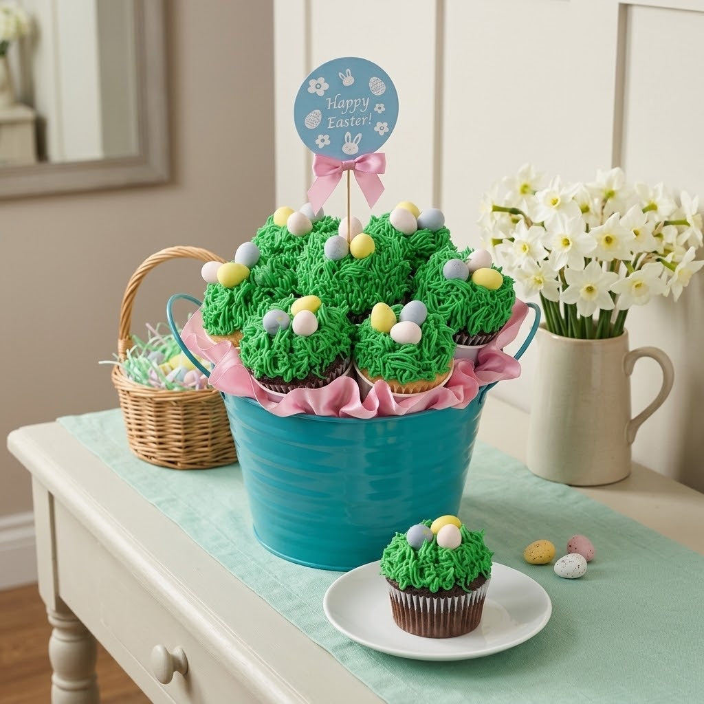 Seven Easter cupcakes with green buttercream grass and pastel candy eggs in a teal pail with a Happy Easter topper, kosher, made in Chestnut Hill MA