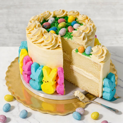 Easter Peeps Cake cut open to show vanilla layers and buttercream filling, with a slice lifted beside candy eggs, kosher, made in Chestnut Hill MA