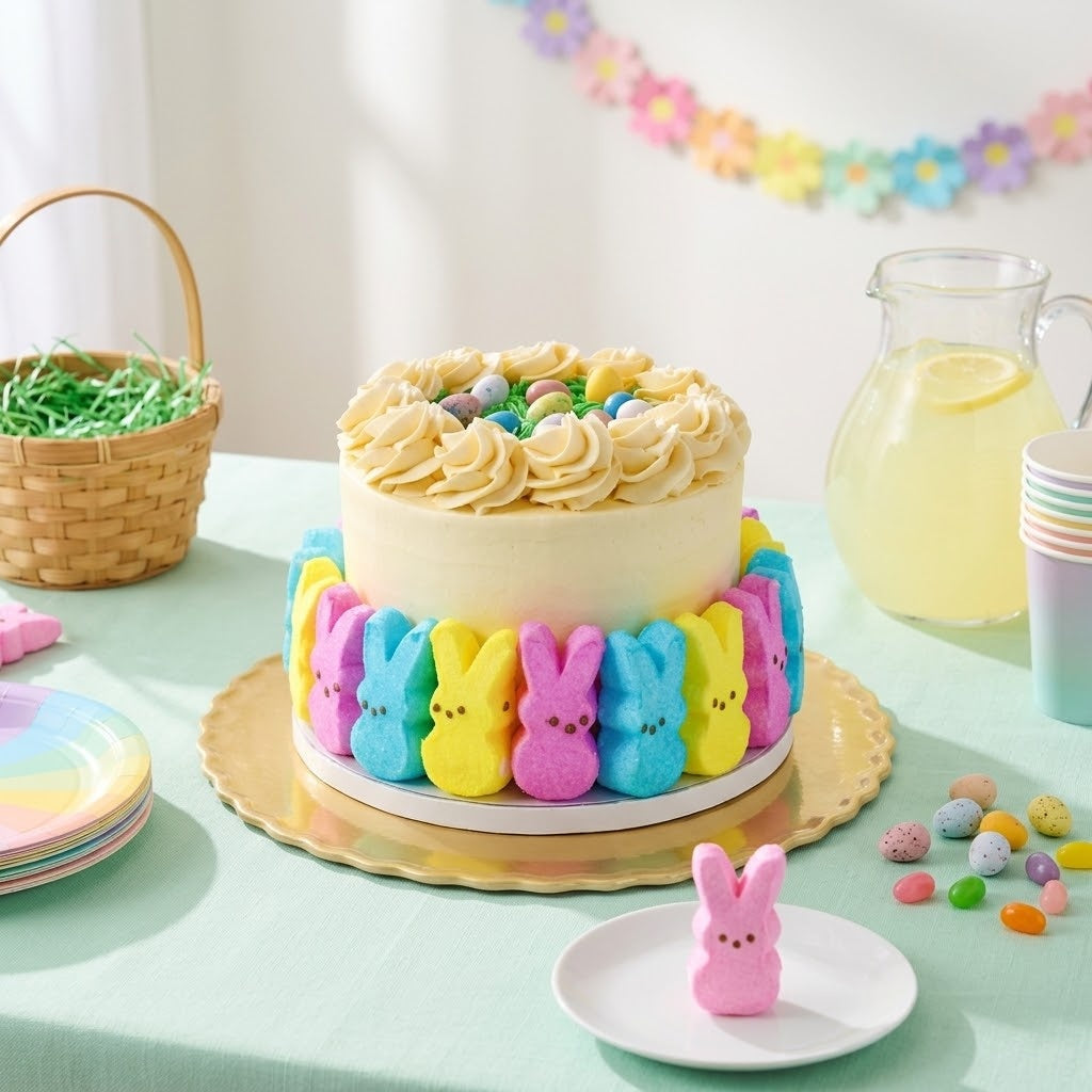 Easter Peeps Cake ringed with pastel marshmallow bunnies and topped with buttercream rosettes and candy eggs on an Easter party table, kosher, made in Chestnut Hill MA