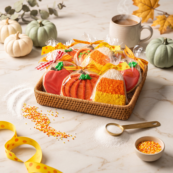 Fall assorted kosher decorated sugar cookies with pumpkin, candy corn and autumn leaf designs