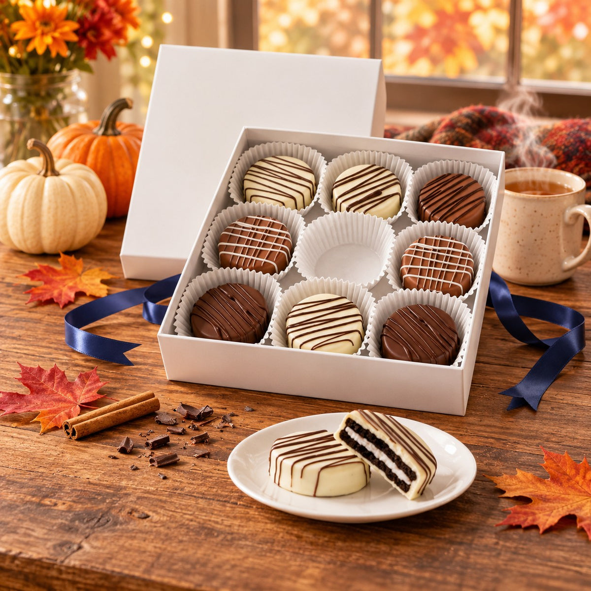 Chocolate dipped Oreos with drizzle in a white gift box on a fall farmhouse table with pumpkins, maple leaves and a mug of cider