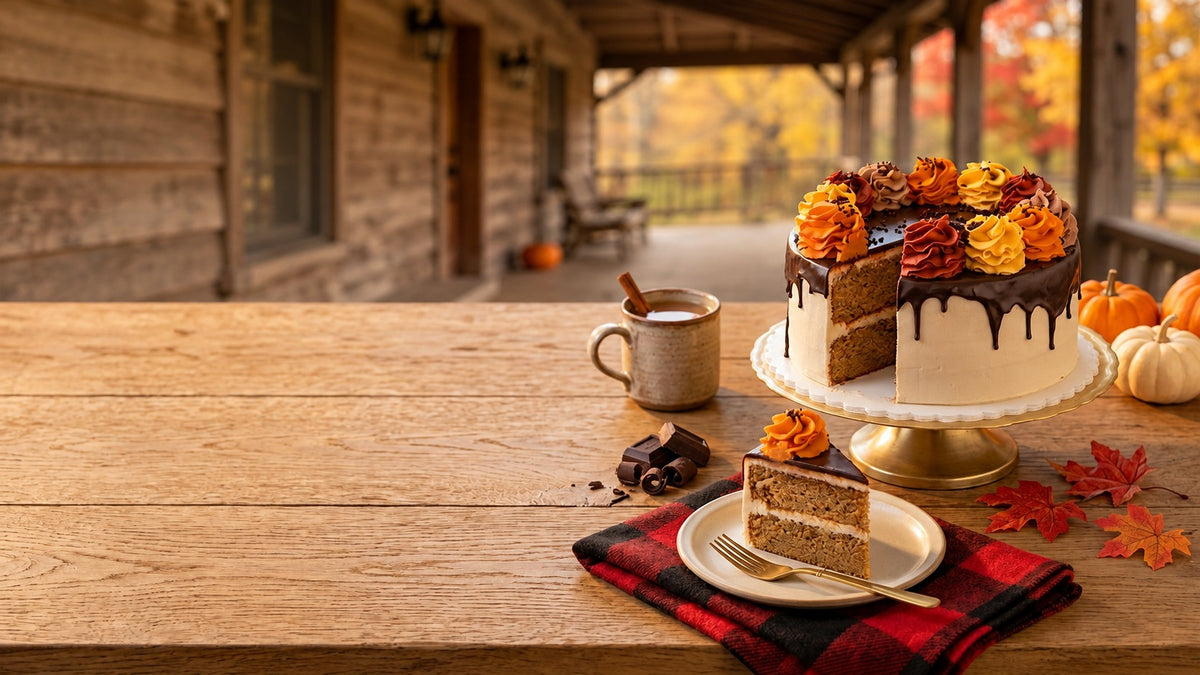 Autumn drip cake with orange, gold and red buttercream rosettes and a plated slice, on a rustic table on a log cabin porch | Iris Lee Kosher Bakery