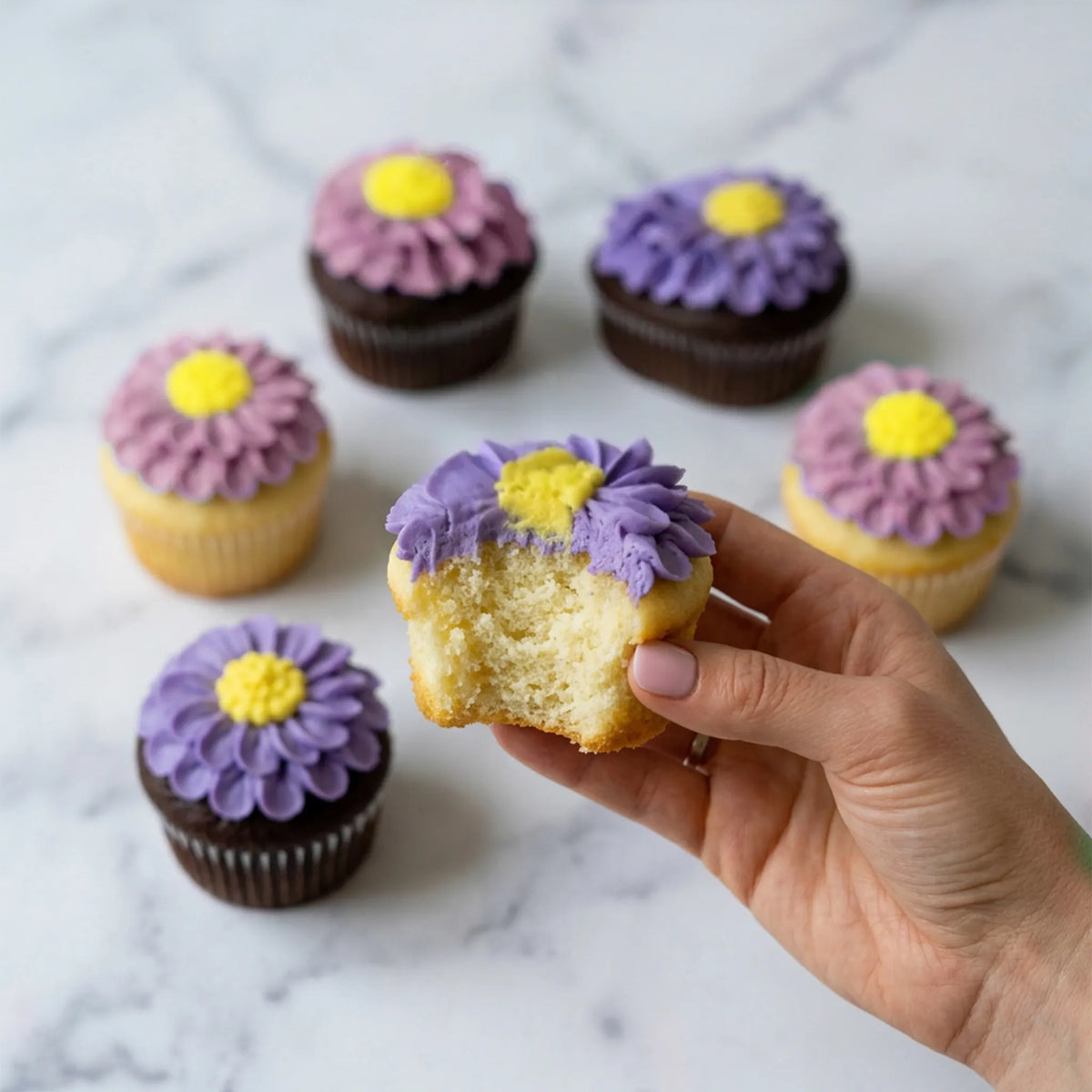 Lavender, violet and mauve buttercream daisy cupcakes in vanilla and chocolate, one held in hand showing the cake inside, kosher, made in Chestnut Hill MA