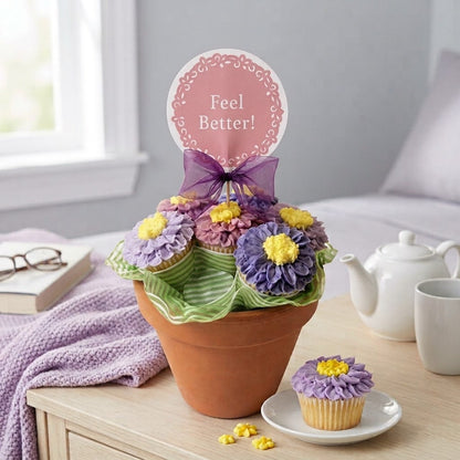 Feel Better cupcake bouquet of lavender, violet and mauve buttercream daisy cupcakes in a terracotta pot with a pink Feel Better topper on a bedside table, kosher, made in Chestnut Hill MA